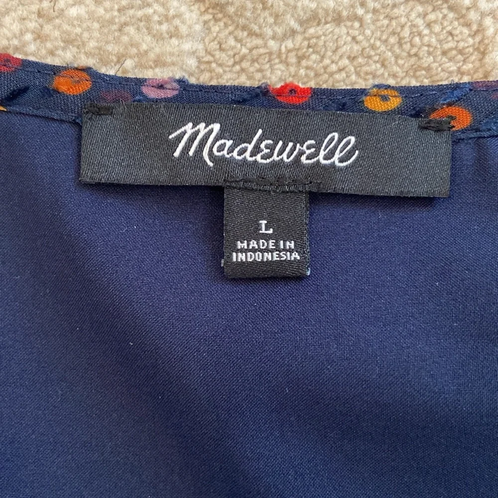 Madewell Lyric Wrap Top In Sugar Dot Navy Blue Sheer Puff Sleeves Womens LARGE
